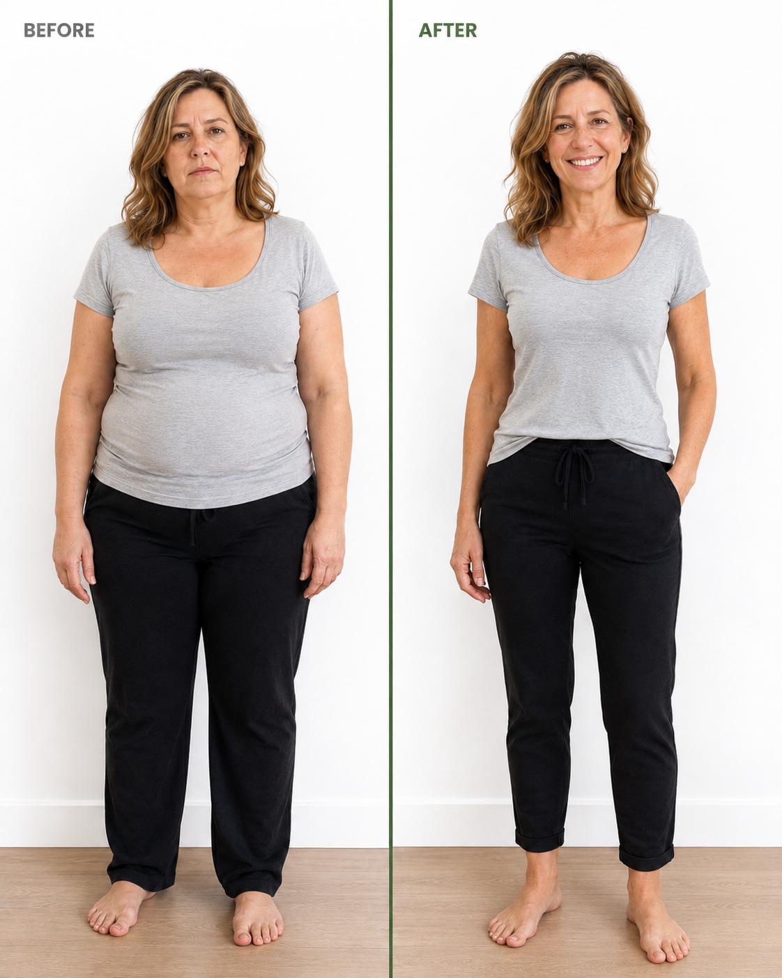 Before and after: a woman in her late 40s looking slimmer and more energetic following GLP-1 treatment